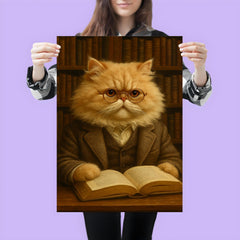 A fluffy Persian cat in a tweed jacket and spectacles reading a book in a library poster 3