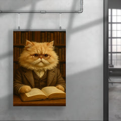 A fluffy Persian cat in a tweed jacket and spectacles reading a book in a library poster 4