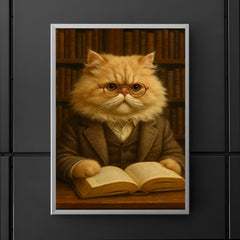 A fluffy Persian cat in a tweed jacket and spectacles reading a book in a library poster 5