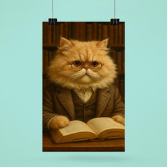 A fluffy Persian cat in a tweed jacket and spectacles reading a book in a library poster 6