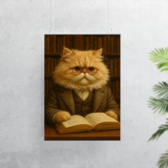 A fluffy Persian cat in a tweed jacket and spectacles reading a book in a library poster 7