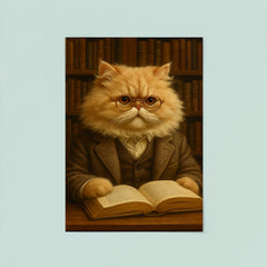 A fluffy Persian cat in a tweed jacket and spectacles reading a book in a library poster 8