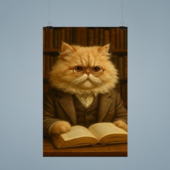 A fluffy Persian cat in a tweed jacket and spectacles reading a book in a library poster 9