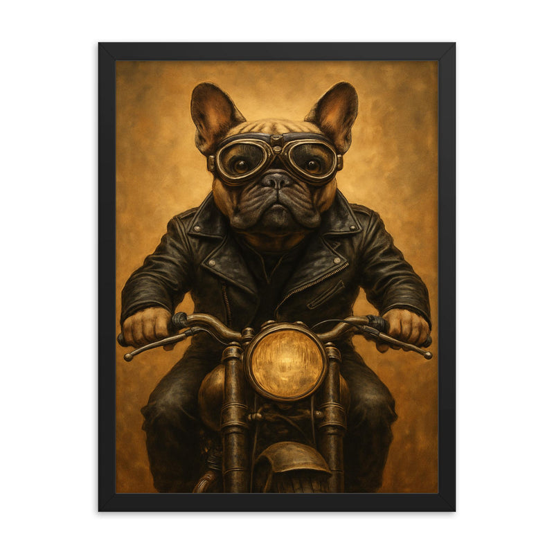 A French Bulldog in a leather jacket and goggles riding a vintage motorcycle framed print on a plain backdrop in size 18