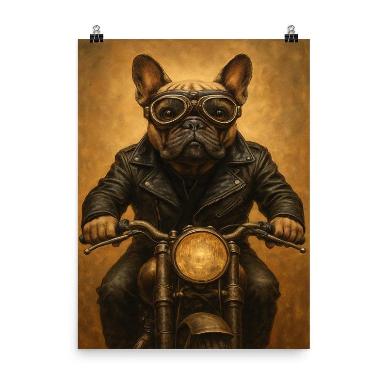 A French Bulldog in a leather jacket and goggles riding a vintage motorcycle poster on a plain backdrop in size 8