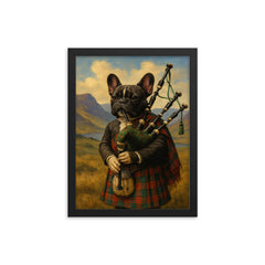 A French Bulldog wearing a tartan kilt and playing the bagpipes in the Scottish Highlands framed print on a plain backdrop in size 12"x16".