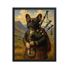 A French Bulldog wearing a tartan kilt and playing the bagpipes in the Scottish Highlands framed print on a plain backdrop in size 16"x20".