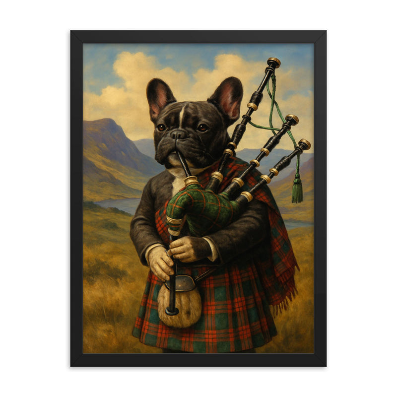 A French Bulldog wearing a tartan kilt and playing the bagpipes in the Scottish Highlands framed print on a plain backdrop in size 18