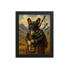 A French Bulldog wearing a tartan kilt and playing the bagpipes in the Scottish Highlands framed print on a plain backdrop in size 8"x10".