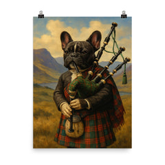 A French Bulldog wearing a tartan kilt and playing the bagpipes in the Scottish Highlands poster on a plain backdrop in size 8"x10".