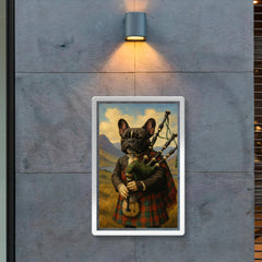 A French Bulldog wearing a tartan kilt and playing the bagpipes in the Scottish Highlands poster 2