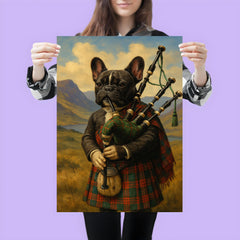 A French Bulldog wearing a tartan kilt and playing the bagpipes in the Scottish Highlands poster 3