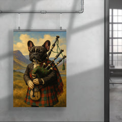 A French Bulldog wearing a tartan kilt and playing the bagpipes in the Scottish Highlands poster 4