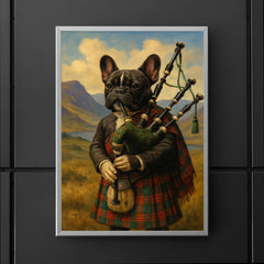 A French Bulldog wearing a tartan kilt and playing the bagpipes in the Scottish Highlands poster 5