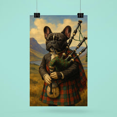 A French Bulldog wearing a tartan kilt and playing the bagpipes in the Scottish Highlands poster 6