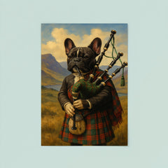 A French Bulldog wearing a tartan kilt and playing the bagpipes in the Scottish Highlands poster 8