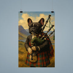 A French Bulldog wearing a tartan kilt and playing the bagpipes in the Scottish Highlands poster 9