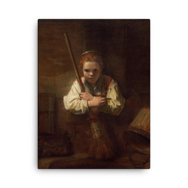 A Girl with a Broom by Carel Fabritius canvas print on a plain backdrop in size 18