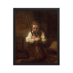 A Girl with a Broom by Carel Fabritius framed print on a plain backdrop in size 16"x20".