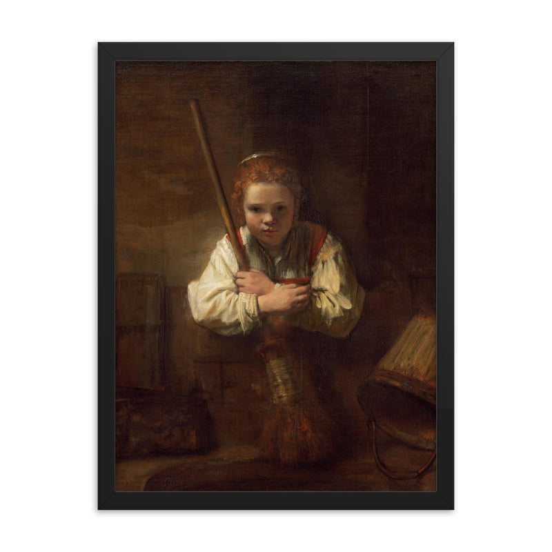 A Girl with a Broom by Carel Fabritius framed print on a plain backdrop in size 18