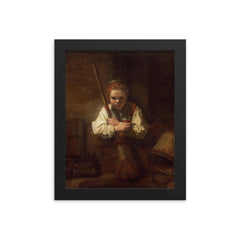 A Girl with a Broom by Carel Fabritius framed print on a plain backdrop in size 8"x10".