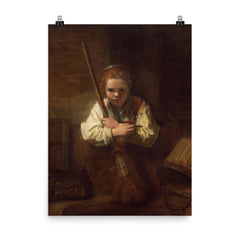 A Girl with a Broom by Carel Fabritius poster on a plain backdrop in size 8"x10".