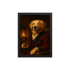 A Golden Retriever in a smoking jacket sitting by a fireplace with a glass of whiskey framed print on a plain backdrop in size 12"x16".
