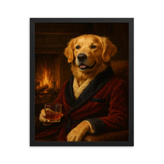 A Golden Retriever in a smoking jacket sitting by a fireplace with a glass of whiskey framed print on a plain backdrop in size 16"x20".