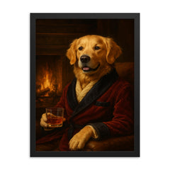 A Golden Retriever in a smoking jacket sitting by a fireplace with a glass of whiskey framed print on a plain backdrop in size 18"x24".
