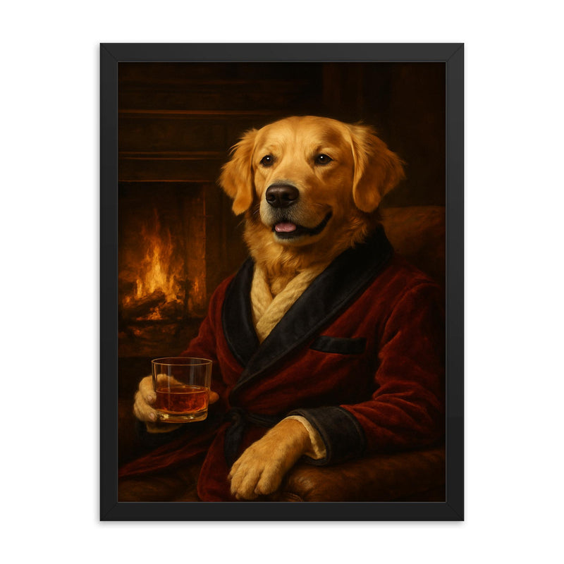 A Golden Retriever in a smoking jacket sitting by a fireplace with a glass of whiskey framed print on a plain backdrop in size 18