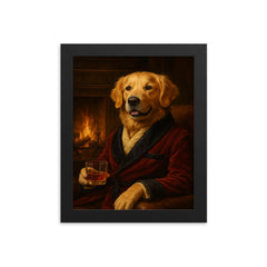 A Golden Retriever in a smoking jacket sitting by a fireplace with a glass of whiskey framed print on a plain backdrop in size 8"x10".