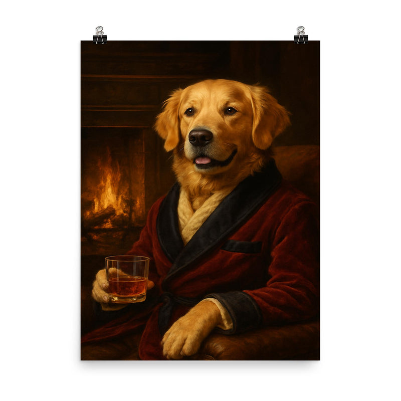 A Golden Retriever in a smoking jacket sitting by a fireplace with a glass of whiskey poster on a plain backdrop in size 8