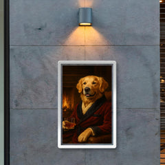 A Golden Retriever in a smoking jacket sitting by a fireplace with a glass of whiskey poster 2