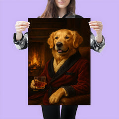 A Golden Retriever in a smoking jacket sitting by a fireplace with a glass of whiskey poster 3