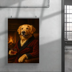 A Golden Retriever in a smoking jacket sitting by a fireplace with a glass of whiskey poster 4