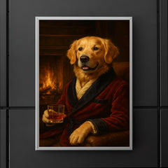 A Golden Retriever in a smoking jacket sitting by a fireplace with a glass of whiskey poster 5
