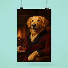 A Golden Retriever in a smoking jacket sitting by a fireplace with a glass of whiskey poster 6