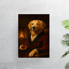 A Golden Retriever in a smoking jacket sitting by a fireplace with a glass of whiskey poster 7