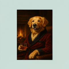 A Golden Retriever in a smoking jacket sitting by a fireplace with a glass of whiskey poster 8
