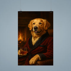 A Golden Retriever in a smoking jacket sitting by a fireplace with a glass of whiskey poster 9