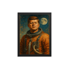 A heroic portrait of John F Kennedy in a retro astronaut suit framed print on a plain backdrop in size 12"x16".