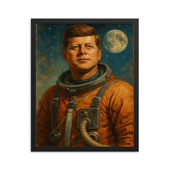 A heroic portrait of John F Kennedy in a retro astronaut suit framed print on a plain backdrop in size 16"x20".