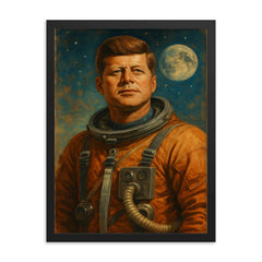 A heroic portrait of John F Kennedy in a retro astronaut suit framed print on a plain backdrop in size 18"x24".