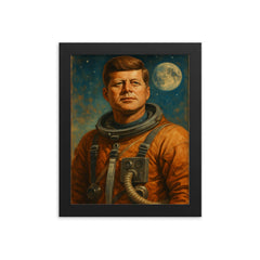 A heroic portrait of John F Kennedy in a retro astronaut suit framed print on a plain backdrop in size 8"x10".