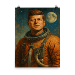 A heroic portrait of John F Kennedy in a retro astronaut suit poster on a plain backdrop in size 8"x10".