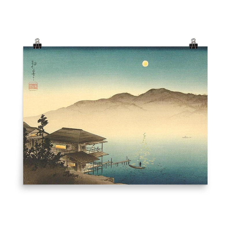 A Lakeside Inn under Moonlight by Koho Shoda poster on a plain backdrop in size 8