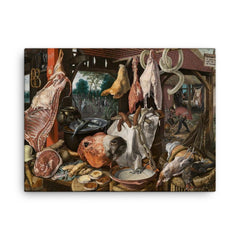 A Meat Stall With the Holy Family Giving Alms, Aertsen canvas print on a plain backdrop in size 18"x24".