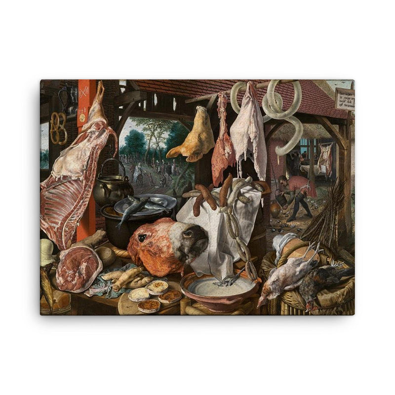 A Meat Stall With the Holy Family Giving Alms, Aertsen canvas print on a plain backdrop in size 18