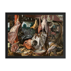 A Meat Stall With the Holy Family Giving Alms, Aertsen framed print on a plain backdrop in size 18"x24".