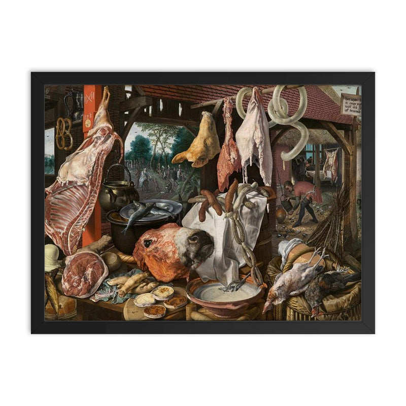 A Meat Stall With the Holy Family Giving Alms, Aertsen framed print on a plain backdrop in size 18